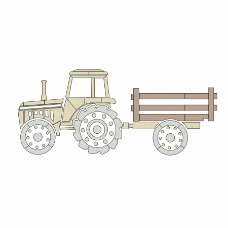 drewniany traktor z przyczepą